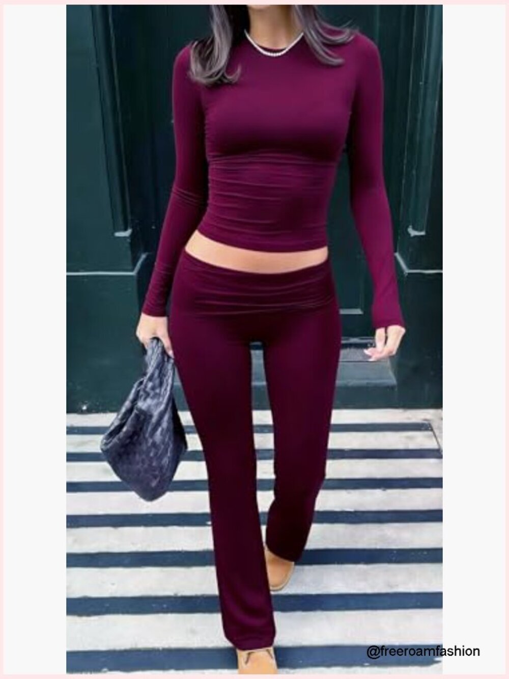 2 Piece Lounge Set: Crop Top & High Waist Flare Pants, Tummy Control, Soft Knit - Picture 2 of 7